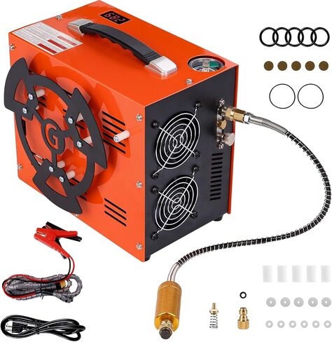 PCP Air Compressor, 4500 PSI / 30 MPa, 350W Motor, Auto Stop, Built-in Adapter, 12V DC or 110V / 220V AC Power, Portable Water/Oil-Free Pump for Paintball, Air Rifle, Airguns, HPA Tanks, Orange in Kuwait