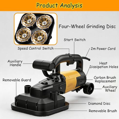 4-Head Concrete Floor Grinder Set, Concrete Grinder with 6-Speed Control, for Marble & Stone Polishing,3800W in Kuwait