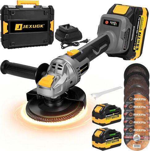 JEXUGK Cordless Angle Grinder 5 Inch, 10000RPM Brushless Motor Cordless Grinder Tool with 2x6.0Ah Batteries, 21V Electric Angle Grinder Portable with 5 Discs, for Metal Cutting, Auto Body, DIY in Kuwait