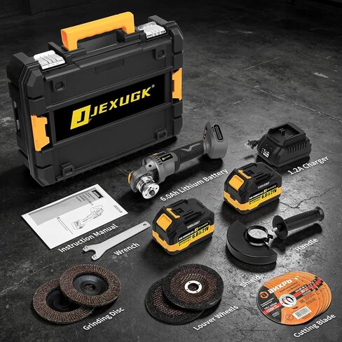 JEXUGK Cordless Angle Grinder 5 Inch, 10000RPM Brushless Motor Cordless Grinder Tool with 2x6.0Ah Batteries, 21V Electric Angle Grinder Portable with 5 Discs, for Metal Cutting, Auto Body, DIY in Kuwait