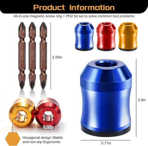 3Pcs Magnetic Screw Ring & 3Pcs PH2 Screwdriver Bit Set, 1/4 Inch/6.35mm Universal Magnetic Screw Holder, Removable Strong Magnet Bit Ring for Drills, Home DIY & Woodworking in Kuwait