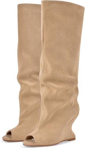 Women's Wedge Knee High Sandal Boots Peep Toe Slouchy Pull On High Heels in Kuwait