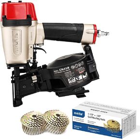 meite CN45R Coil Roofing Nailer Kit with 1-1/2 Inch Coil Roofing Nails, Pneumatic Roofing Nail Gun for Asphalt Shingles Underlayment Decking Roof Repair, 2,880PCS in Kuwait