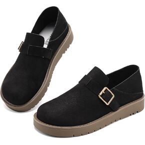 Women's Suede Loafers - Comfort Round Toe Slip-Ons with Vintage Buckle, Lightweight Work & Casual Shoes in Kuwait