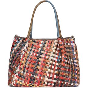 Women's Handwoven Genuine Leather Mosaic Tote Bag - Colorful Unique Design Stylish Shoulder Purse for Women in Saudi Arabia