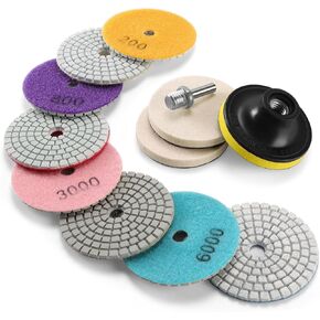 WORKEASE 3 Inch Diamond Polishing Pads with M14 Backer Pad, 12PCS Wet/Dry Granite Stone Polish Pad Kit for Drill, Grinder, Polisher, 50-6000 Grit Diamond Sanding Pad for Concrete Marble Rock in Kuwait