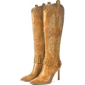 JANSEVEN Western Boots for Women Knee High Cowboy Boots with Embroidered Cowgirl Boot Stiletto High Heel Boot Pointed Toe Side Zipper 3.5 Inches Fashion Boots in Kuwait