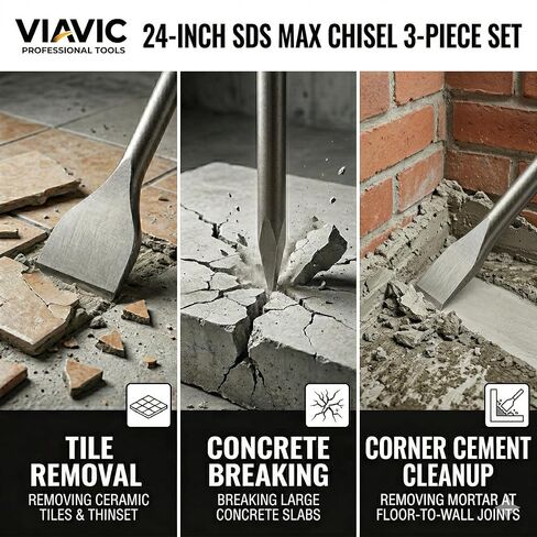 24-Inch SDS Max Chisel Bits Set - 3 Piece Extra Long Demolition Kit (Scaling, Point, Flat) for Concrete Breaking & Thinset Floor Tile Removal - 40Cr Heat-Treated Alloy Steel in Kuwait