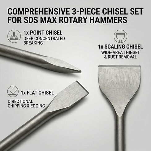 24-Inch SDS Max Chisel Bits Set - 3 Piece Extra Long Demolition Kit (Scaling, Point, Flat) for Concrete Breaking & Thinset Floor Tile Removal - 40Cr Heat-Treated Alloy Steel in Kuwait