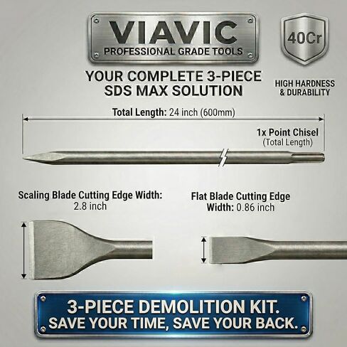 24-Inch SDS Max Chisel Bits Set - 3 Piece Extra Long Demolition Kit (Scaling, Point, Flat) for Concrete Breaking & Thinset Floor Tile Removal - 40Cr Heat-Treated Alloy Steel in Kuwait