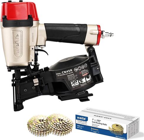 meite CN45R Coil Roofing Nailer Kit with 1-Inch Coil Roofing Nails, Pneumatic Roofing Nail Gun for Asphalt Shingles Underlayment Decking Roof Repair, 2,880PCS in Kuwait