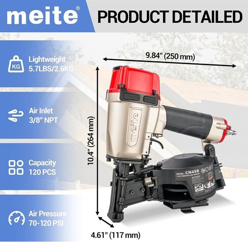 meite CN45R Coil Roofing Nailer Kit with 1-Inch Coil Roofing Nails, Pneumatic Roofing Nail Gun for Asphalt Shingles Underlayment Decking Roof Repair, 2,880PCS in Kuwait