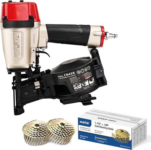 meite CN45R Coil Roofing Nailer Kit with 1-1/2 Inch Coil Roofing Nails, Pneumatic Roofing Nail Gun for Asphalt Shingles Underlayment Decking Roof Repair, 2,880PCS in Kuwait