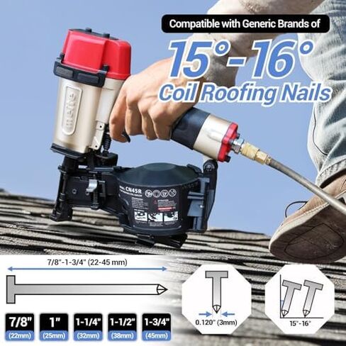 meite CN45R Coil Roofing Nailer Kit with 1-1/2 Inch Coil Roofing Nails, Pneumatic Roofing Nail Gun for Asphalt Shingles Underlayment Decking Roof Repair, 2,880PCS in Kuwait