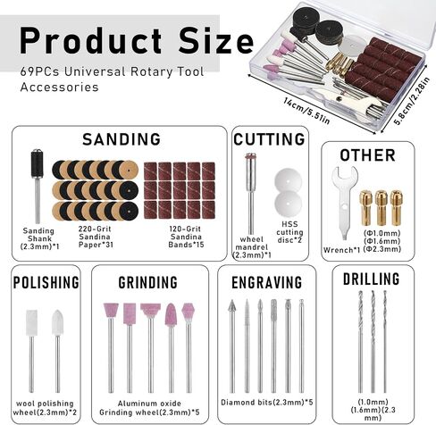 69 Pcs Rotary Tool Accessories Sanding Bits Kit 1.0/1.6/2.3mm Diameter Shanks Universal Rotary Tool Bits for Woodworking, Drilling, Sanding, Polishing, Carving in Kuwait