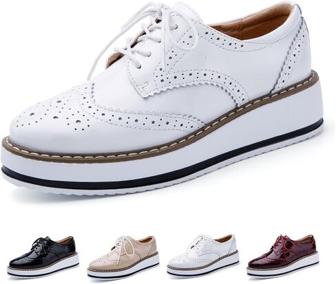 Women's Patent Leather Platform Wingtips Brogue Oxfords Fashion Lace-Up Round Toe Printed Wedge Dress Shoes Comfort Business Casual Formal Shoes in Kuwait