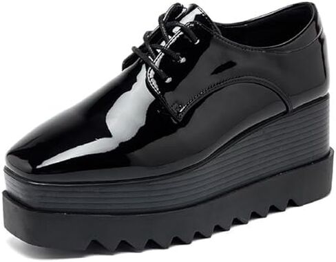 Women's Patent Leather Platform Oxfords Square Top Lace-Up Increase Sole Wedge Goth Casual Dress Shoes for Business Work Party in Kuwait
