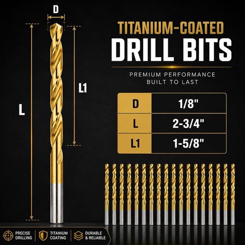 1/8 Inch Twist Drill Bits 20-Piece, Titanium Coated HSS Jobber Length Drill Bit Set, 135° Split Point for Hard Metal, Stainless Steel, Wood, Plastic in Kuwait