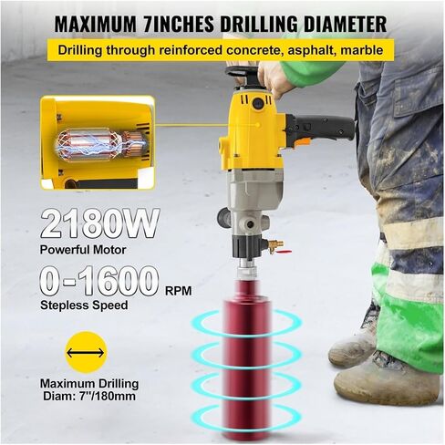 2180W Handheld Diamond Core Drilling Rig Concrete 180mm Electric Stepless Speed Wet or Dry Machine Power Tool for Beginners DIY,Wide Range of Application in Kuwait