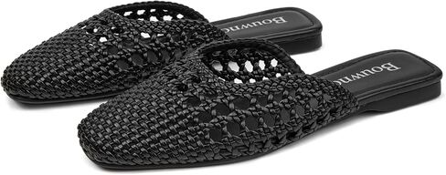 Woven Mules for Women Comfortable Closed Square Toe Flat Mules Casual Breathable Slip on Woven Leather Slides Flats in Kuwait