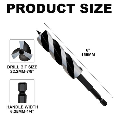 7/8"×6" Professional Auger Drill Bit for Wood with Quick Change 1/4" Hex Shank- 3-Cutter Design with Dual-Flute for Fast Chip Removal, Fits Hardwood, Softwood, PVC, Drywall & Tree Stumps in Kuwait