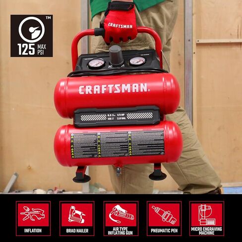 Craftsman 2-Gallon Air Compressor, 1/3 HP Oil-Free Twin Tank, 125 PSI Max – Portable & Quiet for Home DIY, Tire Inflation, Nailing & Spray Painting (Twin Stack) in Kuwait