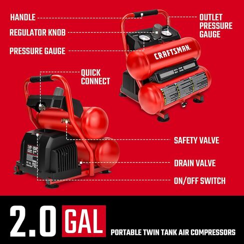 Craftsman 2-Gallon Air Compressor, 1/3 HP Oil-Free Twin Tank, 125 PSI Max – Portable & Quiet for Home DIY, Tire Inflation, Nailing & Spray Painting (Twin Stack) in Kuwait