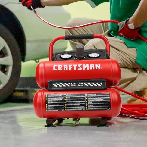 Craftsman 2-Gallon Air Compressor, 1/3 HP Oil-Free Twin Tank, 125 PSI Max – Portable & Quiet for Home DIY, Tire Inflation, Nailing & Spray Painting (Twin Stack) in Kuwait