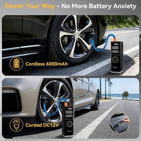 Corded/Cordless Tyre Inflator Portable Air Compressor 12V DC, 150PSI 6000mAh Long-Lasting Battery Electric Air Pump with Digital Display & Dual LED Light for Car, Motorcycle, Bike, Ball & DIY in Saudi Arabia