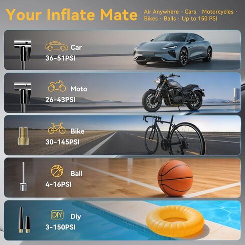 Corded/Cordless Tyre Inflator Portable Air Compressor 12V DC, 150PSI 6000mAh Long-Lasting Battery Electric Air Pump with Digital Display & Dual LED Light for Car, Motorcycle, Bike, Ball & DIY in Saudi Arabia