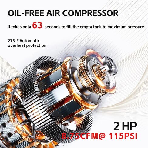 9.5 Gallon Ultra Quiet Air Compressor, MAX 115PSI,70dB,110V/60Hz | 2HP,8.75CFM,Oil-Free,Portable Air Compressor,with Wheels in Kuwait