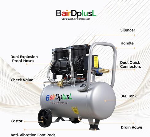 9.5 Gallon Ultra Quiet Air Compressor, MAX 115PSI,70dB,110V/60Hz | 2HP,8.75CFM,Oil-Free,Portable Air Compressor,with Wheels in Kuwait