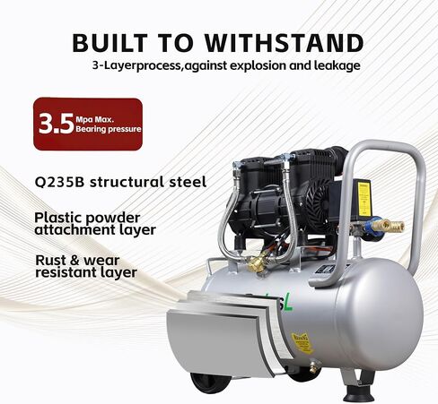 9.5 Gallon Ultra Quiet Air Compressor, MAX 115PSI,70dB,110V/60Hz | 2HP,8.75CFM,Oil-Free,Portable Air Compressor,with Wheels in Kuwait