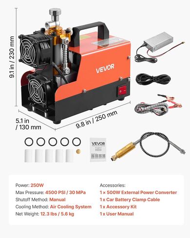 VEVOR PCP Air Compressor 4500PSI PCP Airgun Compressor & External Converter, Manual Stop 250W DC12V/AC120V Portable Paintball Tank Compressors for Air Rifle, Scuba Diving Bottle in Kuwait