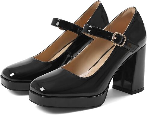 Marc Ford Mary Jane Heels Pumps Shoes Women Chunky Heels Platform - Block, Buckle, Square Toe, Wedding, Black, Vacation, Dressy, Comfortable in Kuwait