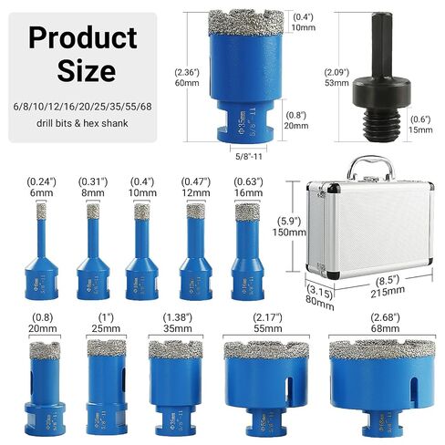 LOZLIN Diamond Hole Saw Kit, 11PCS Vacuum Brazed Tile Drill Bits Set, 5/8"-11 Thread Diamond Drill Bits with Hex Shank Adapter, Dry Wet Hole Saw for Ceramic Tile Marble Granite Quartz in Kuwait