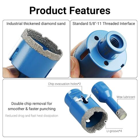 LOZLIN Diamond Hole Saw Kit, 11PCS Vacuum Brazed Tile Drill Bits Set, 5/8"-11 Thread Diamond Drill Bits with Hex Shank Adapter, Dry Wet Hole Saw for Ceramic Tile Marble Granite Quartz in Kuwait