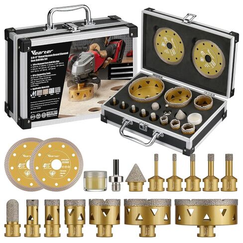 Diamond Hole Saw Kit 17PCS, 5/8"-11 Thread Tile Hole Saw Kit 1/4'' to 4'' with Hex Adapter & Chamfer Bit & Finger Bit & Tile Blade, Diamond Core Drill Bit for Porcelain Stone in Kuwait