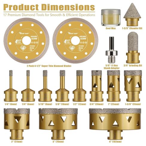 Diamond Hole Saw Kit 17PCS, 5/8"-11 Thread Tile Hole Saw Kit 1/4'' to 4'' with Hex Adapter & Chamfer Bit & Finger Bit & Tile Blade, Diamond Core Drill Bit for Porcelain Stone in Kuwait