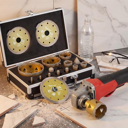 Diamond Hole Saw Kit 17PCS, 5/8"-11 Thread Tile Hole Saw Kit 1/4'' to 4'' with Hex Adapter & Chamfer Bit & Finger Bit & Tile Blade, Diamond Core Drill Bit for Porcelain Stone in Kuwait