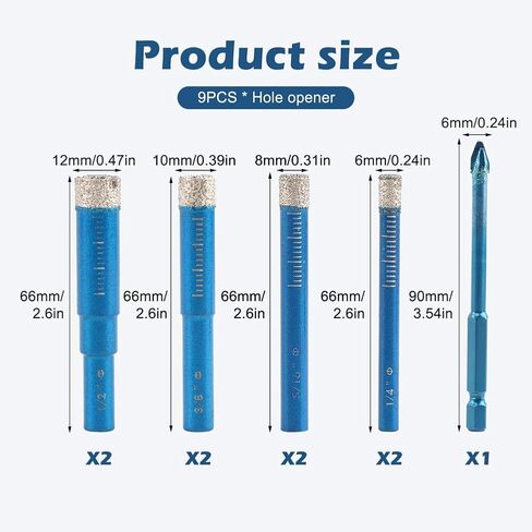 9 Pack Diamond Drill Bits Set, Ceramic Drill Bit, Tile Dri-ll Bits for Ceramic, Porcelain, Marble, Granite, Stone, Glass (Blue) in Kuwait