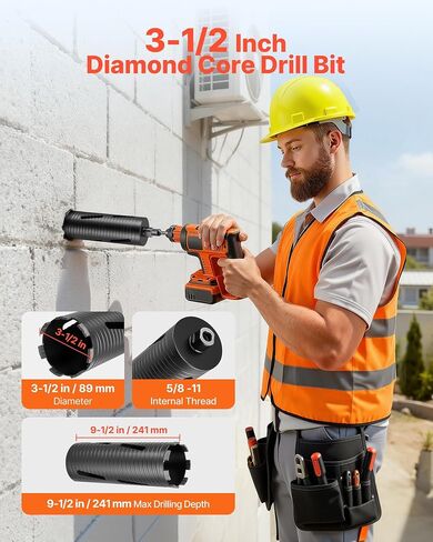 VEVOR Core Drill Bit, 3-1/2 inch Diameter, 9-1/2 inch Drilling Depth, 5/8-11 Internal Thread, Diamond Dry Coring Bit with 3 Adapters, Pilot Drill and Hex Wrench, for Concrete, Red Bricks, and Masonry in Kuwait