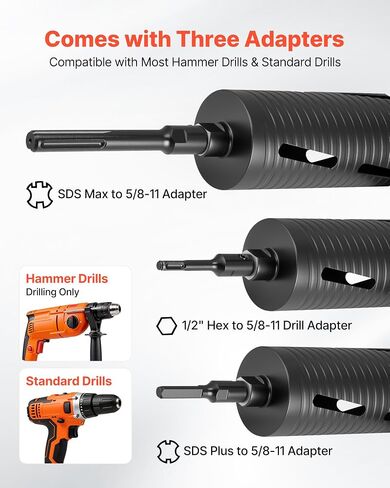 VEVOR Core Drill Bit, 3-1/2 inch Diameter, 9-1/2 inch Drilling Depth, 5/8-11 Internal Thread, Diamond Dry Coring Bit with 3 Adapters, Pilot Drill and Hex Wrench, for Concrete, Red Bricks, and Masonry in Kuwait