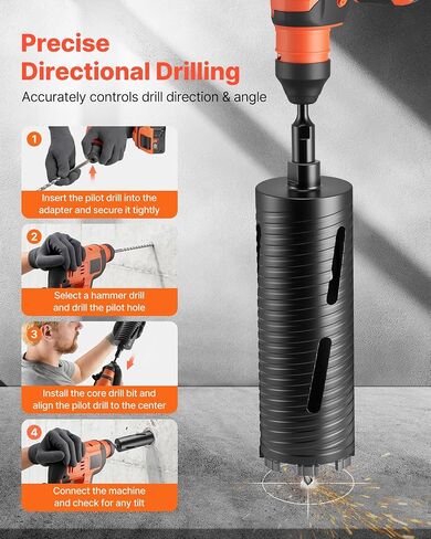 VEVOR Core Drill Bit, 3-1/2 inch Diameter, 9-1/2 inch Drilling Depth, 5/8-11 Internal Thread, Diamond Dry Coring Bit with 3 Adapters, Pilot Drill and Hex Wrench, for Concrete, Red Bricks, and Masonry in Kuwait