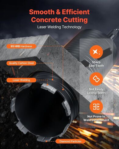 VEVOR Core Drill Bit, 3-1/2 inch Diameter, 9-1/2 inch Drilling Depth, 5/8-11 Internal Thread, Diamond Dry Coring Bit with 3 Adapters, Pilot Drill and Hex Wrench, for Concrete, Red Bricks, and Masonry in Kuwait