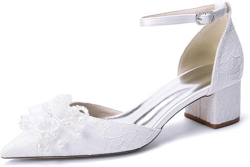 Women's Lace Pointed Toe Block Heel Pumps, Floral Pearl Ankle Strap with Rhinestone Buckle, Bridal Wedding Formal Shoes in Kuwait