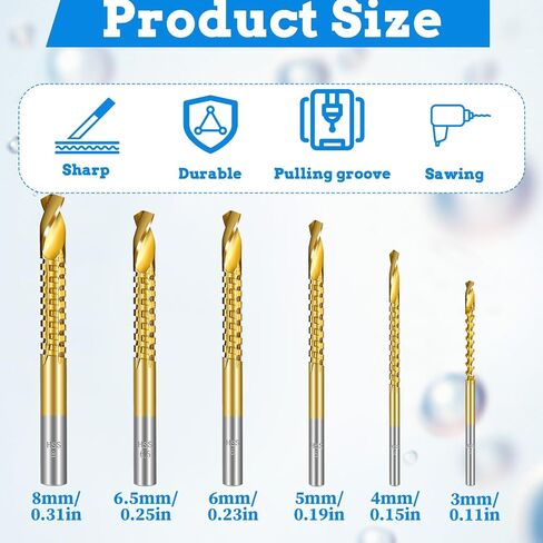 6 Pack Titanium Coated HSS Twist Drill Bits, 3-8mm Hex Shank Serrated Cutting Drill Bit Serrated Grooving Cuttings Carpenter Side Cutting Tap for Metal Wood Plastic Drilling and Cuttings in Kuwait