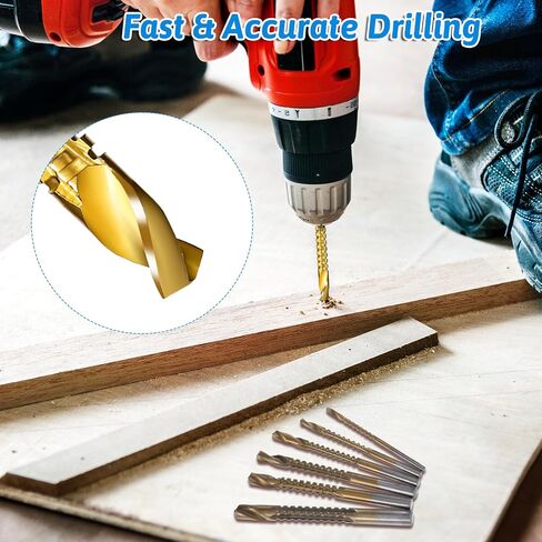 6 Pack Titanium Coated HSS Twist Drill Bits, 3-8mm Hex Shank Serrated Cutting Drill Bit Serrated Grooving Cuttings Carpenter Side Cutting Tap for Metal Wood Plastic Drilling and Cuttings in Kuwait