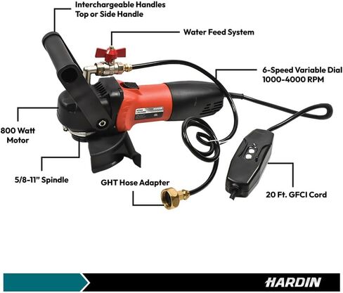 Hardin 4" & 5" Variable Speed Wet Polisher and Grinder – 800W 120V, 1000–4000 RPM, Water Feed System with Brass Valve, GFCI Cord for Granite, Marble, Stone, and Concrete Fabrication in Kuwait
