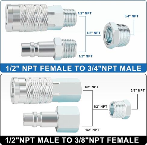 10PCS 1/2 Inch NPT Air Hose Quick Connect Fittings | High Flow I/M Air Coupler and Plug with 1/2" NPT Thread and 3/8" and 3/4" Adapter, Air Compressor Accessories in Kuwait